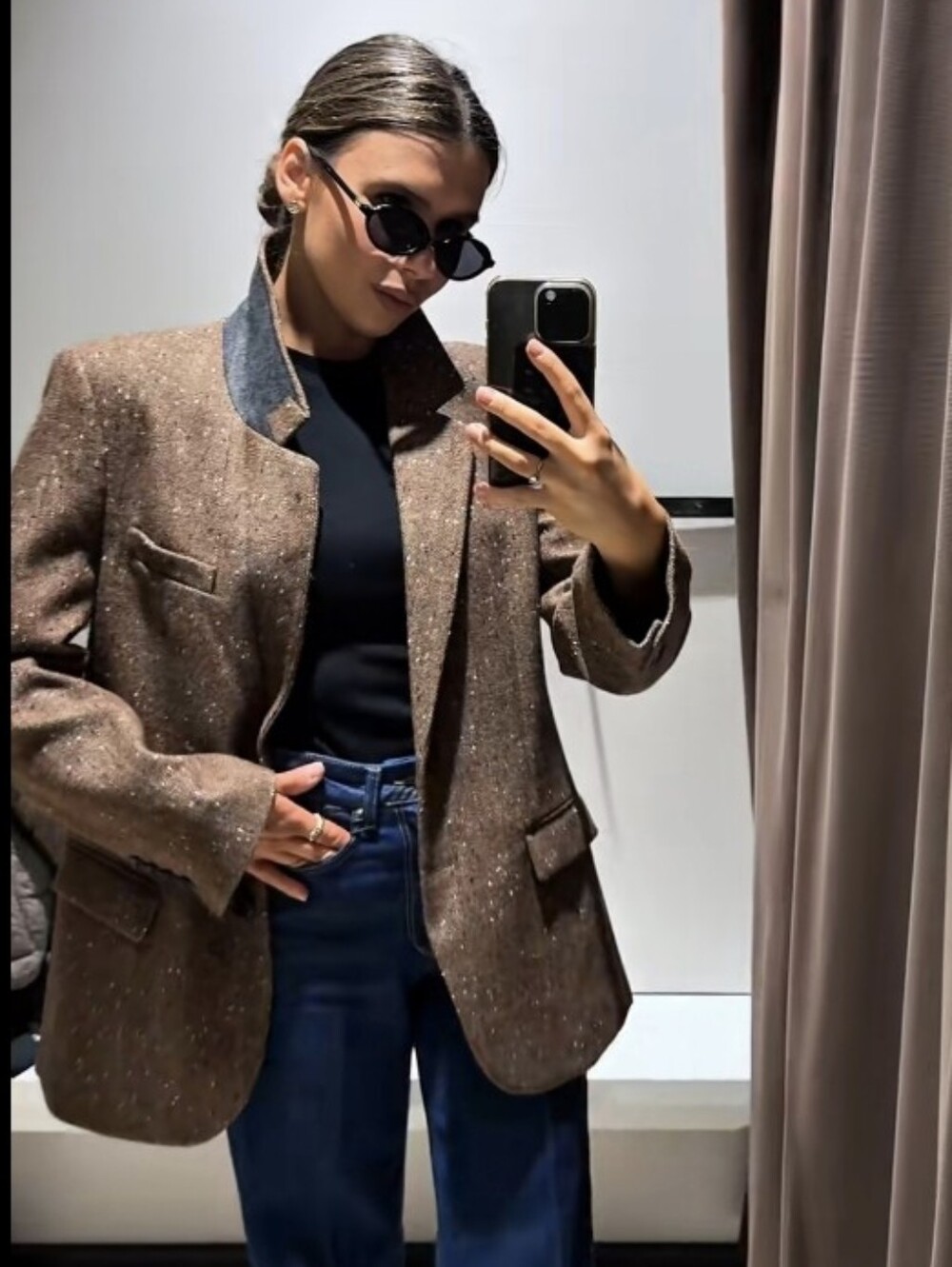 Zara Herringbone Wool Blend Blazer Brown Brown Size XS